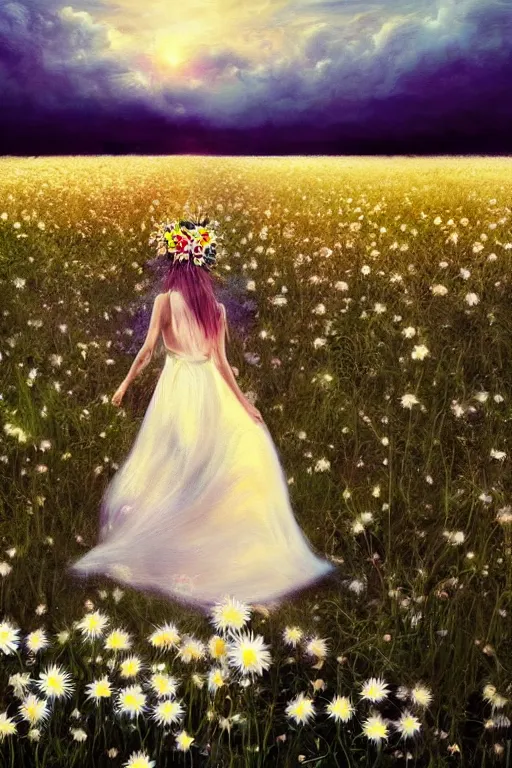 Image similar to giant white daisy flower crown head, veil girl walking in a flower field, surreal photography, sunrise, dramatic light, impressionist painting, colorful clouds, digital painting, artstation, simon stalenhag