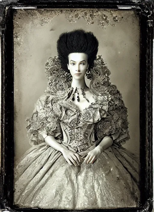 Image similar to old wetplate daguerreotype frame portrait of a futuristic silver armored young looking marie antoinette cyborg, fractal, intricate, elegant, highly detailed, subsurface scattering, by jheronimus bosch and greg rutkowski and louis jacques mande daguerre