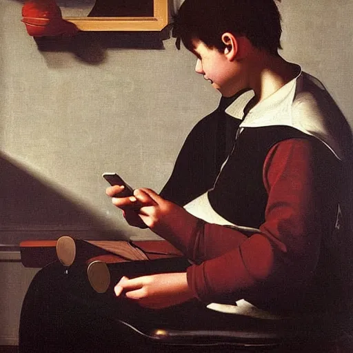 Prompt: kid playing games on his iphone, painting by caravaggio
