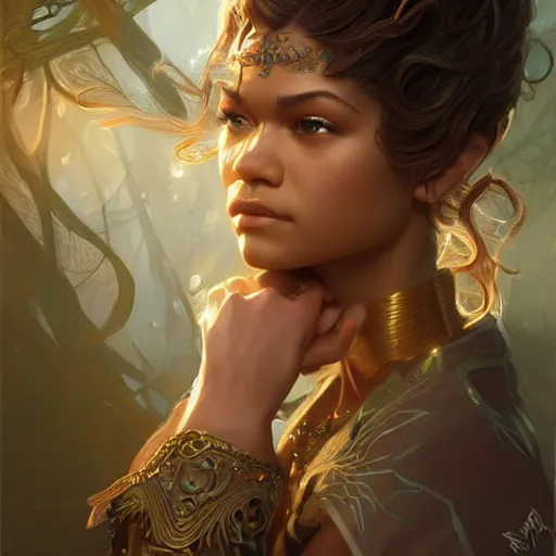 Image similar to beautiful young zendaya, closeup, d & d, fantasy, intricate, elegant, highly detailed, digital painting, artstation, concept art, matte, sharp focus, illustration, art by artgerm and greg rutkowski and alphonse mucha