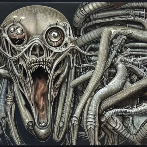 Image similar to detailed art by H.R. Giger for a tank made of human flesh in a body horror style