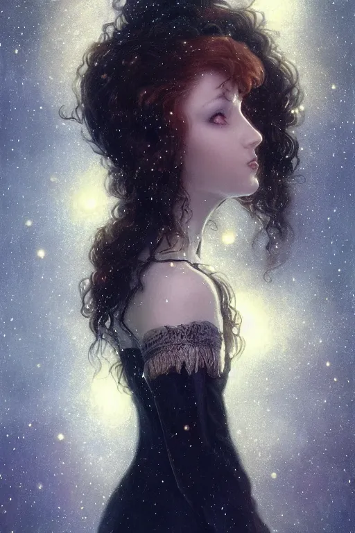 Prompt: Nocturne, glowing, stars, a long-legged occultist woman, long auburn hair, choker, highly detailed, mysterious, ethereal, dressed in black, sigils, haute couture, illustration, dramatic lighting, soft details, painting, by Edmund Blair Leighton, Brom, Charlie Bowater, trending on artstation, faces by otto schmidt