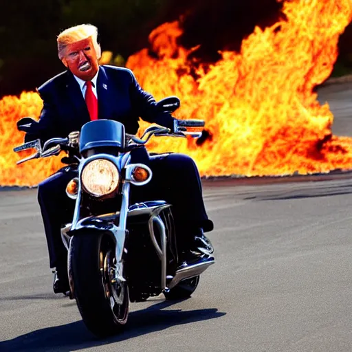 Prompt: Donald Trump on a motorcycle with fire coming out of the exhaust, without him wearing a helmet, leather jacket, cinematic lighting