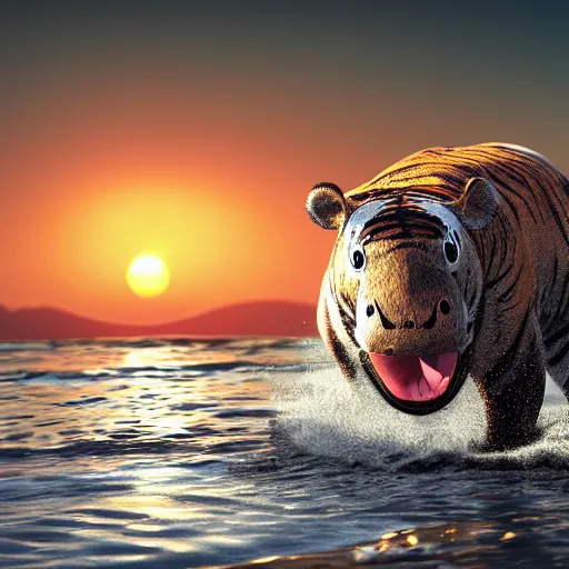 Image similar to a closeup photorealistic photograph of a cute stylish tiger hippo playing volleyball at the beach during sunset. Surf in the background. This 4K HD image is Trending on Artstation, featured on Behance, well-rendered, extra crisp, features intricate detail and the style of Unreal Engine.