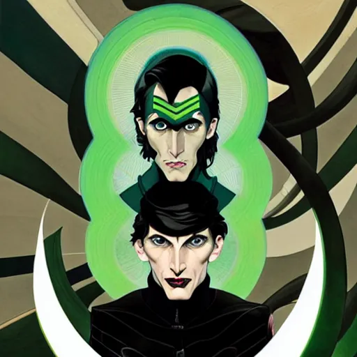 Prompt: Joshua Middleton comic art, wide shot, handsome elegant male Nikola Tesla, futuristic spy, kabuki mask, beautiful evil sneer, symmetrical face, symmetrical eyes, leather clothing and boots, long straight green black hair, full body, Indigo occult pattern