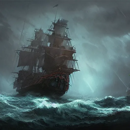 Image similar to A pirate ship in the middle of the sea during a storm, fantasy art, in the style of greg rutkowski, illustration, epic, fantasy, intricate, hyper detailed, artstation, concept art, smooth, sharp focus, ray tracing