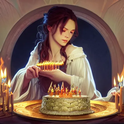 Image similar to a wizard blowing out birthday candles with magic, art by artgerm and greg rutkowski and alphonse mucha, concept art, octane render, unreal engine 5, highly detailed, high quality, 8 k, soft lighting, realistic face, path traced