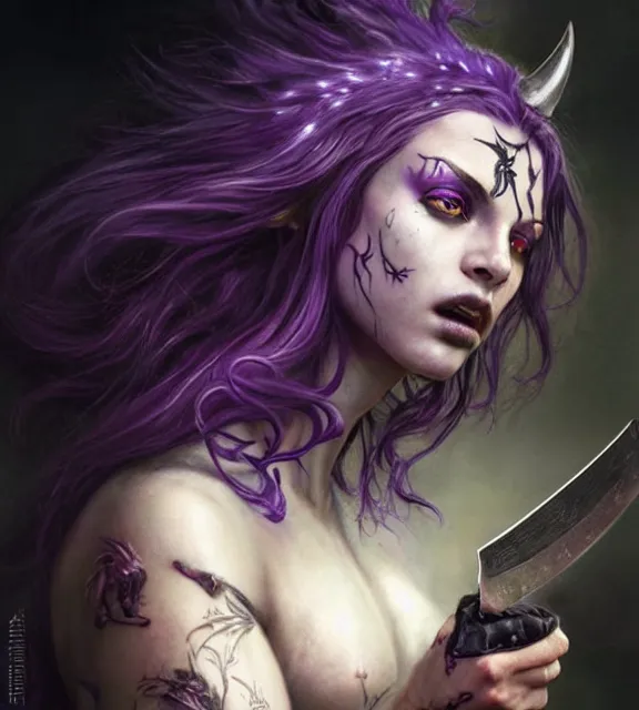 Image similar to beautiful female stabber stabbing soldier with knife, perfect face, intricate tattoos, purple flowing hair, crazy eyes, spraying blood, cinematic, blush, stunning, athletic, moist, strong, agile, highly detailed, hard focus, sensual lighting, art by jessica rossier and brian froud