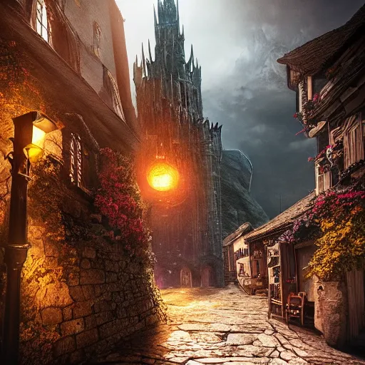 Image similar to the dark tower - the hobbit - j. r. r. tolkien - a medieval village in switzerland, ornate, beautiful, atmosphere, vibe, flowers, concept art illustration, greg rutowski, volumetric lighting, sunbeams, particles