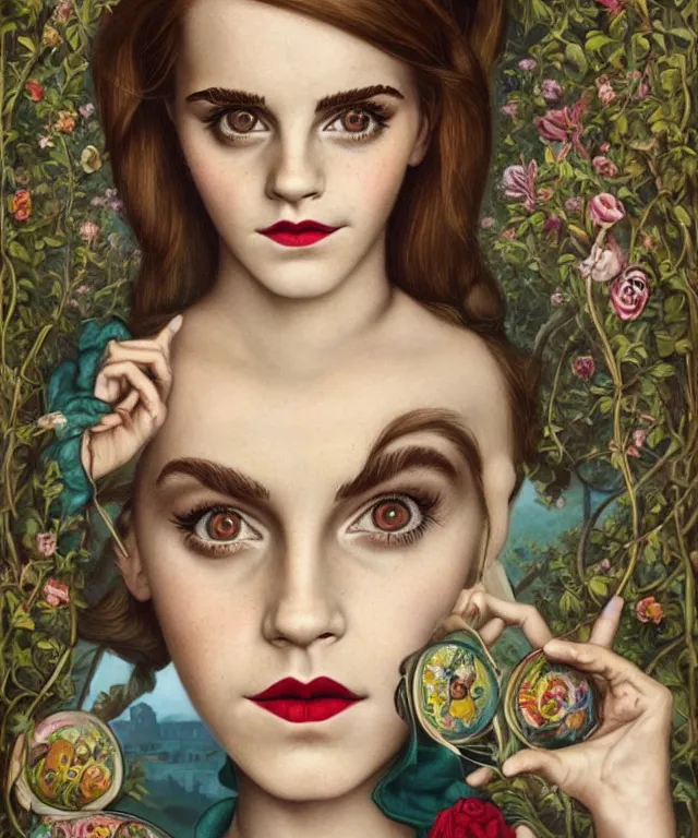 Prompt: portrait of Emma Watson in wonderland, lowbrow painting by Mark Ryden