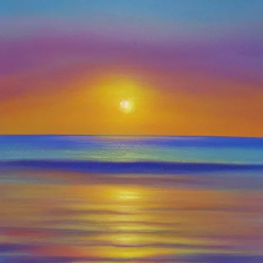 Image similar to sea, wavy, sun at dawn reflecting on the sea cloudy acryl painting 4 k