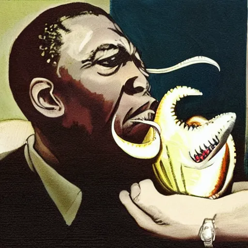 Image similar to john coltrane snuggling a scary loving angler fish in bed