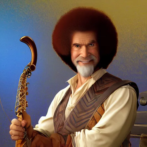 Image similar to an ultra detailed vector image of bob ross dressed as a fantasy bard, d & d, epic fantasy, concept art by alphonse mucha and greg rutkowski, octane render, 8 k, detailed face