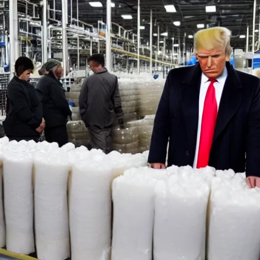 Image similar to donald trump inspecting quality of soap in a soap factory