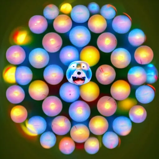 Prompt: inside a spherical atom, protons, electrons, neutrons, quarks glowing luminescent particles with happy dog faces floating inside