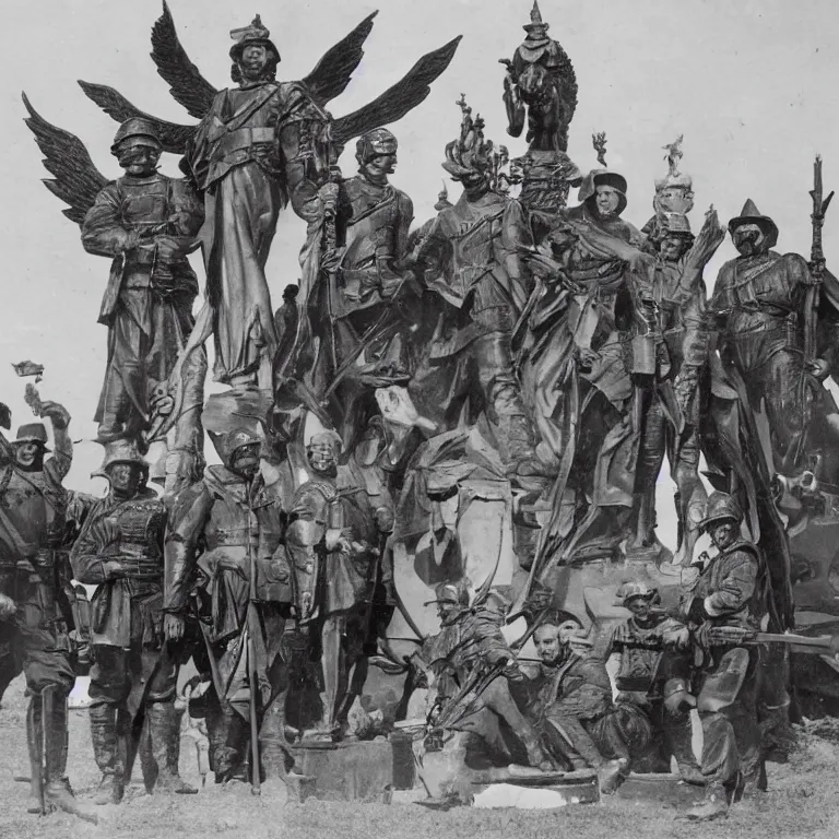 Prompt: US cavalry soldiers pose in front of an archangel as the the one with the flaming sword 1900.
