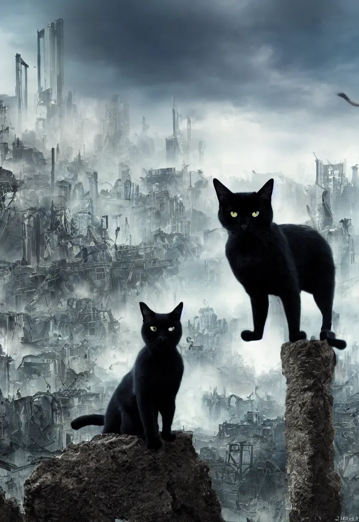 Image similar to A black cat standing on a rock, in the background is a destroyed dystopian city with mist, steampunk, digital art, very detailed, movie poster made by drew struzan, realistic