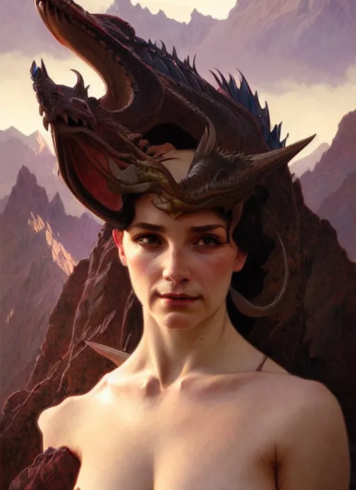 Prompt: ''face portrait of beatiful dragon, furry, mountain landscape, fantasy, d & d, sharp focus, detailed, digital painting, art by greg rutkowski and alphonse mucha''