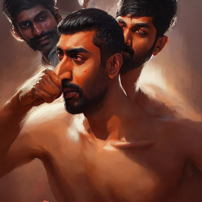 Image similar to portrait of tall indian man punching a short white man outside a bar, elegant, real life skin, intricate artwork, high detailed, artstation, concept art, smooth, sharpz focus, art by artgerm and greg rutkowski