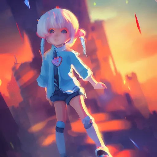 Image similar to Splash art Anime loli, blond hair with pigtails, blue coat and black shorts, she flies by using blue neon powers through the city. Cinematic sunset, faint orange light. Amazing piece Trending on Artstation. Yumei style