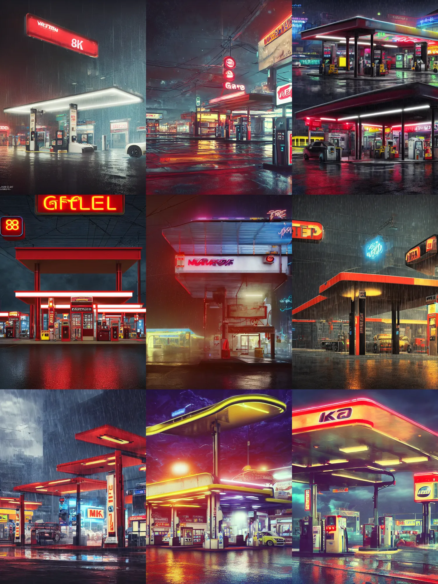 Prompt: photo of 8k ultra realistic gas station, neon, heavy rain, full of colour, cinematic lighting, battered, trending on artstation, 4k, hyperrealistic, focused, extreme details,unreal engine 5, cinematic, masterpiece, art by ayami kojima, giger