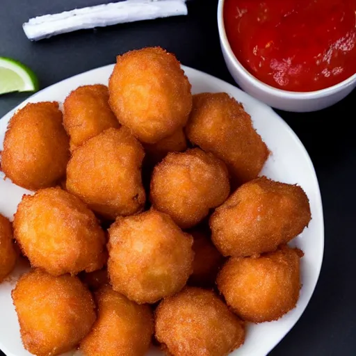 Image similar to food photo of channing tatum's face as tater tot on a plate with ketchup