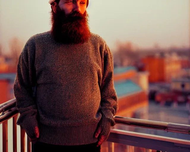 Image similar to lomographic photo of 4 0 years russian man with beard and sweater standing on small hrushevka 9 th floor balcony in taigaд looking at sunset, perfect faces, cinestill, bokeh