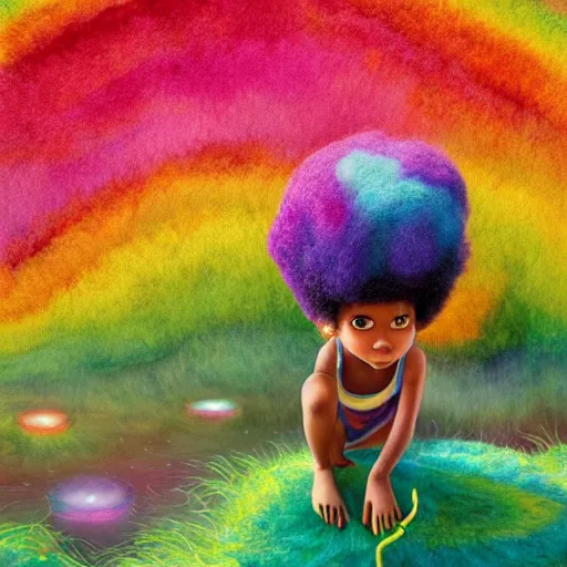 Prompt: a black girl with a colorful afro and rainbow eyes discovering a lush desert oasis with a glowing reflective pond and fireflies at sunset, bright colours, watercolor, volumetric wool felting, macro photography, children illustration, by goro fujita