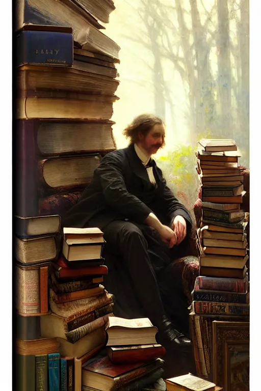 Prompt: soft colorsphotograph imax and solomon joseph solomon and richard schmid and jeremy lipking victorian loose genre loose painting full stack of books, bookish, book lover