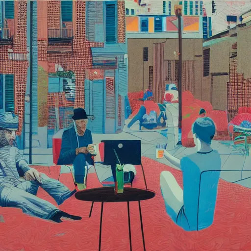 Prompt: noon, hipsters drinking coffee in the streets, in the style of james jean, david hockney, andy warhold, broigel