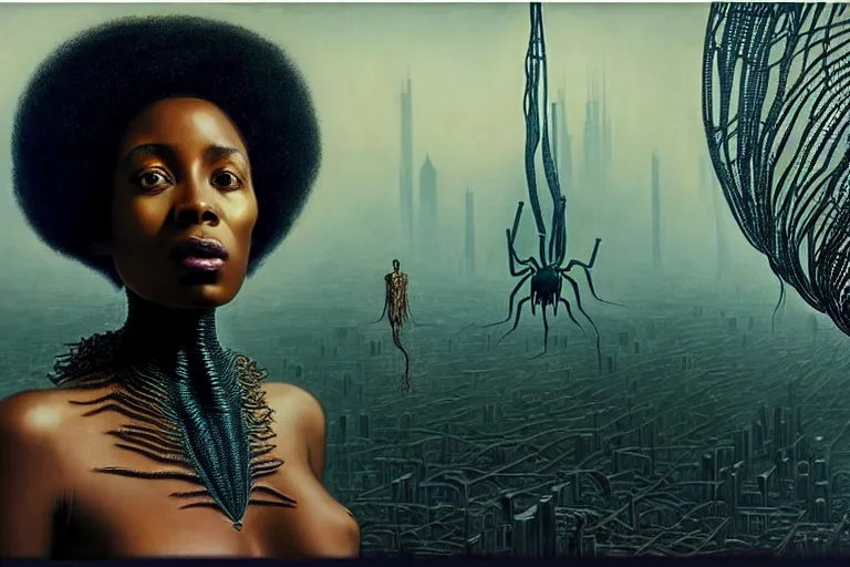 Prompt: realistic detailed photorealistic portrait movie shot of a beautiful black woman with a giant spider, dystopian city landscape background by denis villeneuve, amano, yves tanguy, alphonse mucha, ernst haeckel, jean delville, david lynch, edward robert hughes, roger dean, cyber necklace, rich moody colours, cyber patterns, wide angle