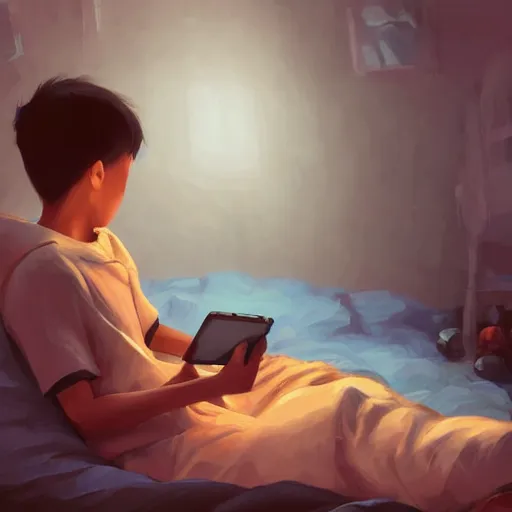 Image similar to beautiful detailed!!!!!! digital painting of a short asian teenager with short hair sitting in a bean bag and playing on his phone in his dark!!! dimly - lit blue messy room, stunning digital painting, top digital painting, expressive character design, 4 k quality, highly detailed, smooth, sharp focus, clear, trending on artstation