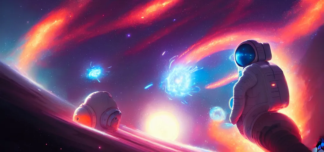Prompt: astronaut exploring a supernova, by mark kolobaev and greg rutkowski and ross tran, studio ghibli color scheme, ultra high definition, ultra detailed, intricate, sharp focus, symmetry, sci - fi, fantasy, neon, galaxies, stars, space