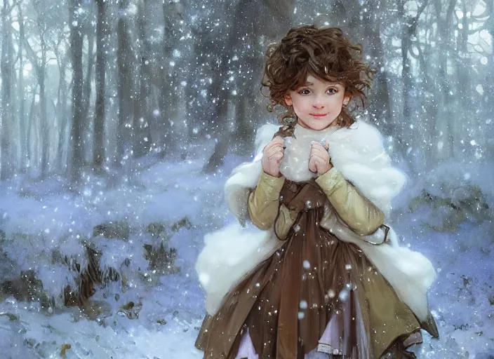 Image similar to A cute little girl with short curly brown hair and blue eyes, a round cherubic face and a happy expression. She is standing in a snowy forest trying to catch snowflakes. beautiful fantasy art by By Artgerm and Greg Rutkowski and Alphonse Mucha, trending on artstation.