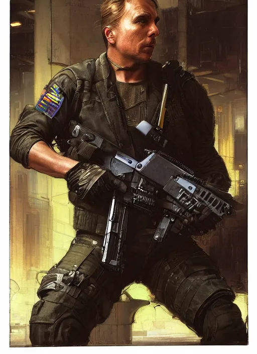 Image similar to Don Johnson. cyberpunk USN marine wearing a military vest and combat gear. (Cyberpunk 2077, bladerunner 2049, rb6s). Squarish face. Iranian orientalist portrait by john william waterhouse and Edwin Longsden Long and Theodore Ralli and Nasreddine Dinet, oil on canvas. Cinematic, hyper realism, realistic proportions, dramatic lighting, high detail 4k