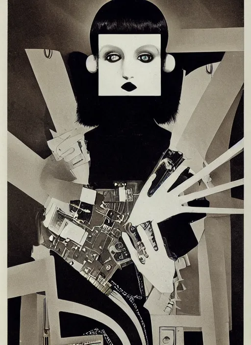 Image similar to Portrait of a punk goth fashion fractal cosmonaut girl with a television head wearing kimono made of circuits and leds, surreal photography by Man Ray