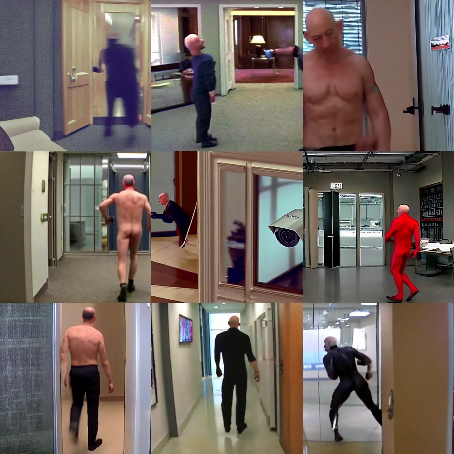 Prompt: security camera footage of streaker in jeff bezos's office