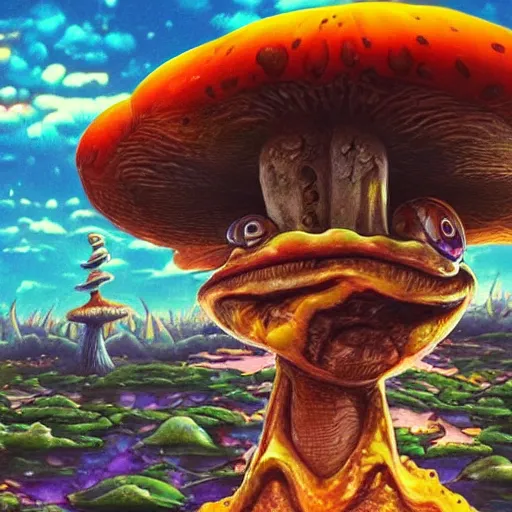 Image similar to A close up portrait of a dignified psychedelic godlike anthropomorphic frog smoking an anime blunt , magic mushroom village in background . award winning. superb resolution. in the art style of junji Ito and greg rutkowski . Detailed Mushroom city in background. Hyper realistic anime. Perfect art. Dalle2