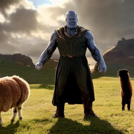 Prompt: heavily downvoted, Thanos as Frodo Baggins, photobomb by an alpaca, the shire, short person, the ring, lord of the rings