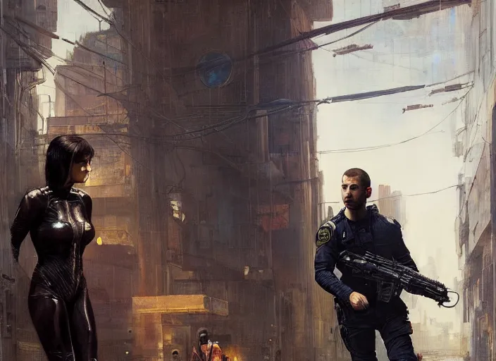 Image similar to sophia evades sgt Griggs. Cyberpunk hacker wearing jumpsuit escaping Cyberpunk police troopers (blade runner 2049). Iranian orientalist portrait by john william waterhouse and Edwin Longsden Long and Theodore Ralli and Nasreddine Dinet, oil on canvas. Cinematic, hyper realistic, Dramatic lighting.