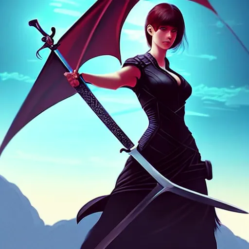 Image similar to a woman holding a sword with a dragon on it, concept art by Ilya Kuvshinov, contest winner, fantasy art, official art, concept art, high detail, experimental, high quality, hyperrealistic, 4k