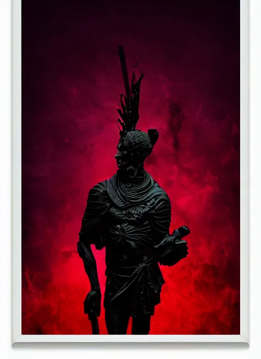 Image similar to elegant dark design poster showing a statue of julius caesar, black background with very subtle red and purple design elements, powerful, nekro, vito acconci, thin straight purple lines, dark, glitch art, neo vaporwave, gritty, layout frame, square, trending on artstation