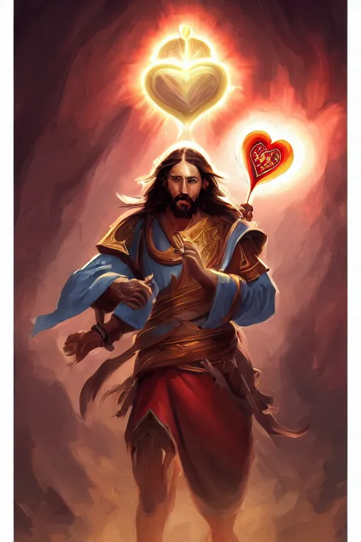 Prompt: A card of Jesus Christ as a DOTA 2 character holding a Sacred Heart armor, card game, card, trade card game, Artifact Dota2, by Stanley Artgerm Lau, WLOP, Rossdraws, James Jean, Andrei Riabovitchev, Marc Simonetti, Yoshitaka Amano, ArtStation, CGSociety,