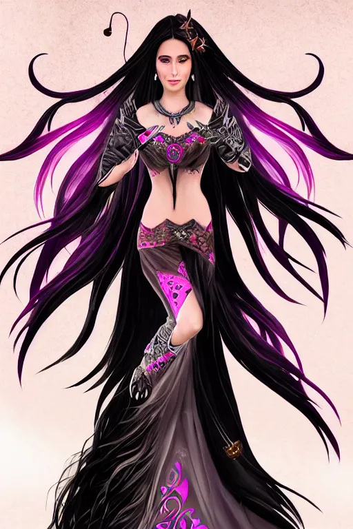 Prompt: Full body Portrait of a beautiful songtress, 30 years old, black and pink dress, long black hair, straight hair, dark Blue eyes, singing for you, butterfly motif, castle background, extremely detailed face, high fantasy, magic music, dungeons and dragons, important: No extra arms or hands, no extra characters, solitary, blizzard entertainment, industrial light and magic, by artgerm and Craig Mullins, James Jean, Andrey Ryabovichev, Mark Simonetti and Peter Morbacher, trending on Artstation, artstationHD, artstationHQ, octane, cgsociety, HD, 16K