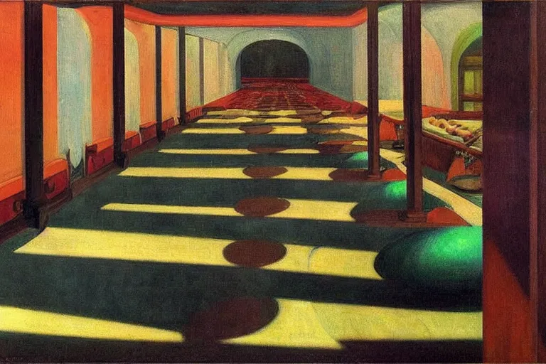 Prompt: 1920s cinematic aerial view of decorated surrealist cozy art deco secret underground bowling alley by Edward Hopper, the moon casts long exaggerated shadows, crystalline light rays refract dust, cool blacklight hue, impressionst oil painting on wood, big impressionist oil paint strokes, aerial view