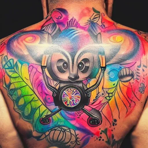 Image similar to shoulder back tattoo of a multicolored cute bush baby wearing headphones, in front is dj desk with cd mixer, eyes are colorful spirals, surrounded with colorful magic mushrooms and rainbowcolored marihuana leaves, insanely integrate