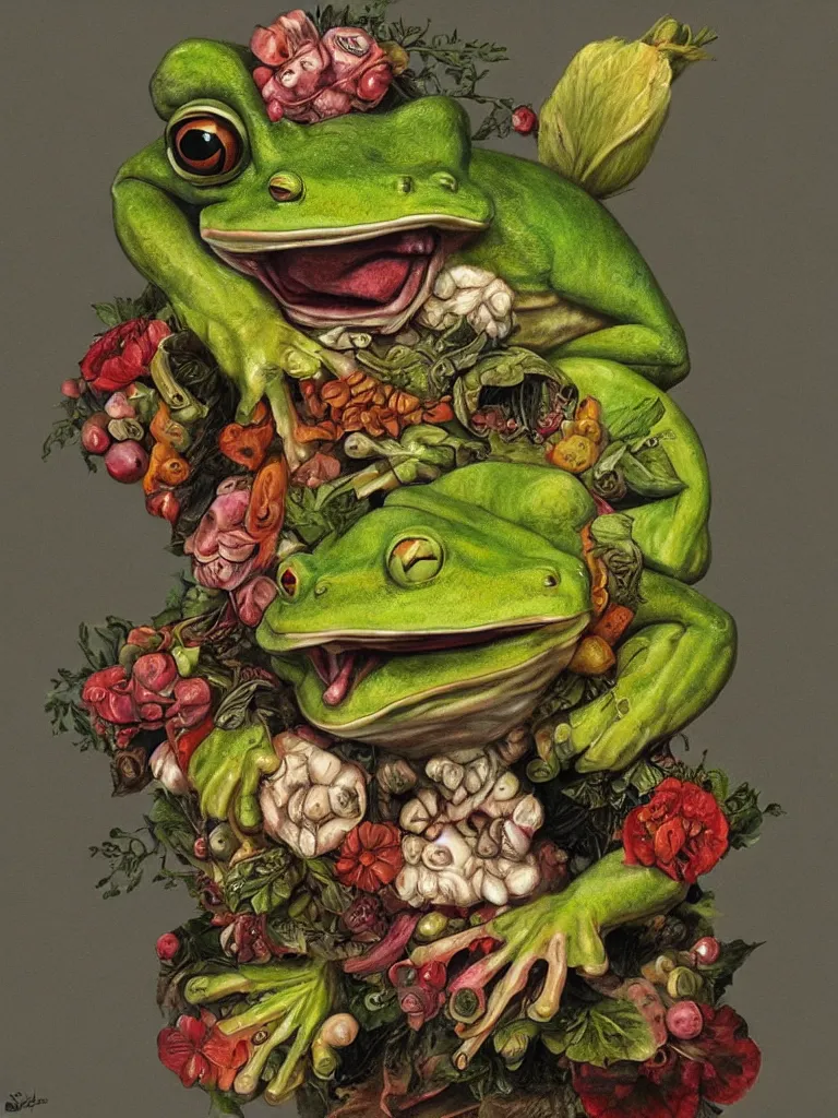 Prompt: Frog in style of Guiseppe Arcimboldo, sharp, masterpiece, artstation