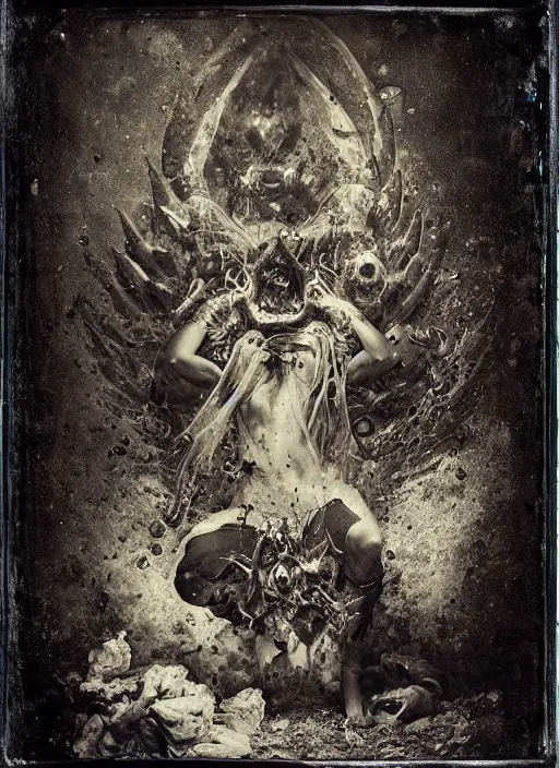 Image similar to old wetplate daguerreotype demons, devil, pain, anger, desolation, angel, explosion of data fragments, fractal, intricate, elegant, highly detailed, parallax, leica, medium format, subsurface scattering, by jheronimus bosch and greg rutkowski and brom