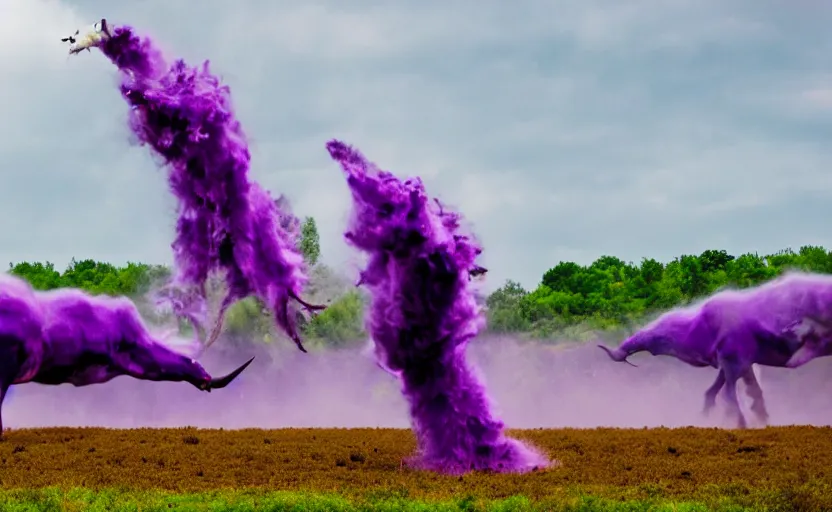 Prompt: Purple Tornadoes lifting cows