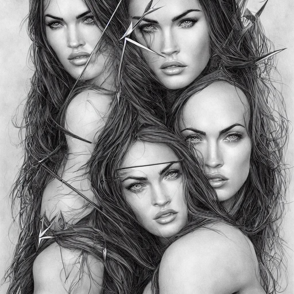 Image similar to portrait of beautiful megan fox as greek goddess aphrodite, archer, arrow on the head, beautiful piercing eyes, flowing blonde hair, realistic face, black and white drawing, in the style of greg rutkowski, fantasy, amazing detail, epic, intricate, elegant, smooth, sharp focus